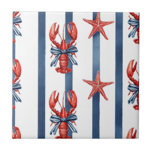 Patriotic Lobster Red White Blue Stars (4) Tile
