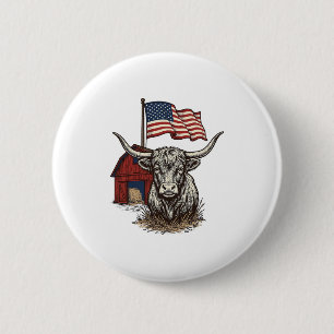 Patriotic Longhorn Cow and Red Barn Vector Design_ 6 Cm Round Badge