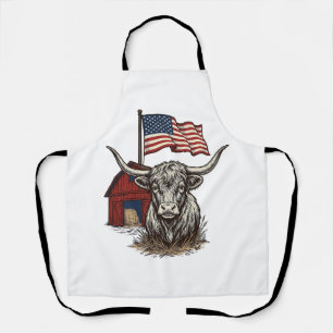 Patriotic Longhorn Cow and Red Barn Vector Design_ Apron