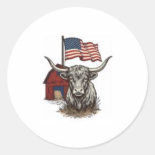 Patriotic Longhorn Cow and Red Barn Vector Design_ Classic Round Sticker