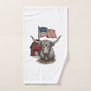 Patriotic Longhorn Cow and Red Barn Vector Design_ Hand Towel