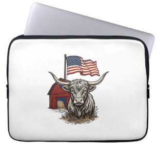 Patriotic Longhorn Cow and Red Barn Vector Design_ Laptop Sleeve