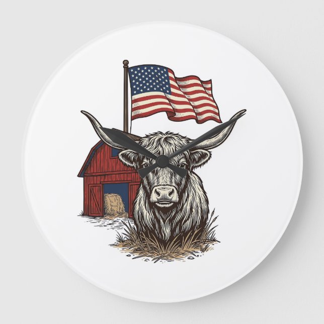 Patriotic Longhorn Cow and Red Barn Vector Design_ Large Clock (Front)