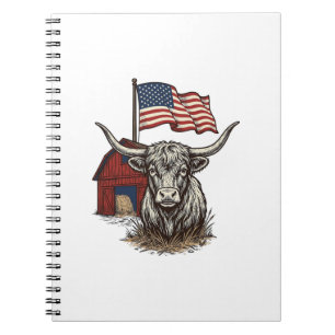 Patriotic Longhorn Cow and Red Barn Vector Design_ Notebook