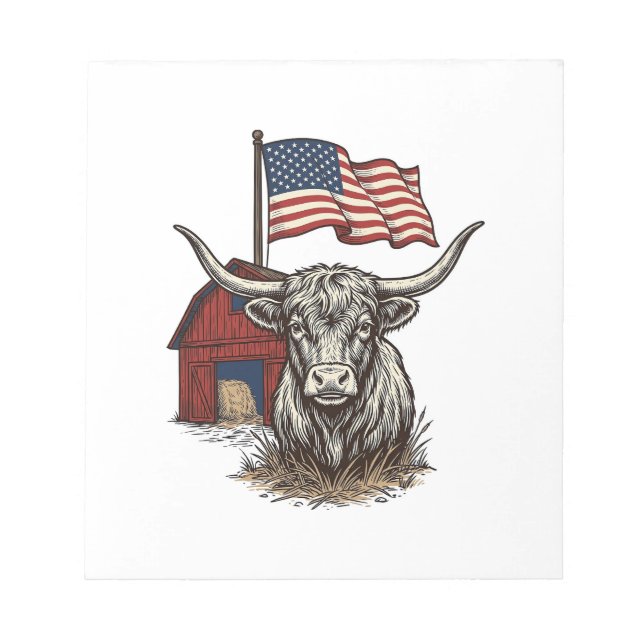 Patriotic Longhorn Cow and Red Barn Vector Design_ Notepad (Front)