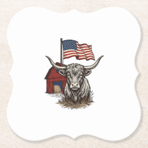 Patriotic Longhorn Cow and Red Barn Vector Design_ Paper Coaster