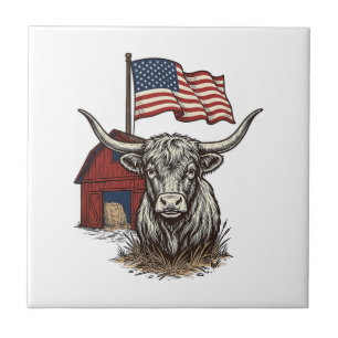 Patriotic Longhorn Cow and Red Barn Vector Design_ Tile
