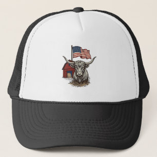 Patriotic Longhorn Cow and Red Barn Vector Design_ Trucker Hat