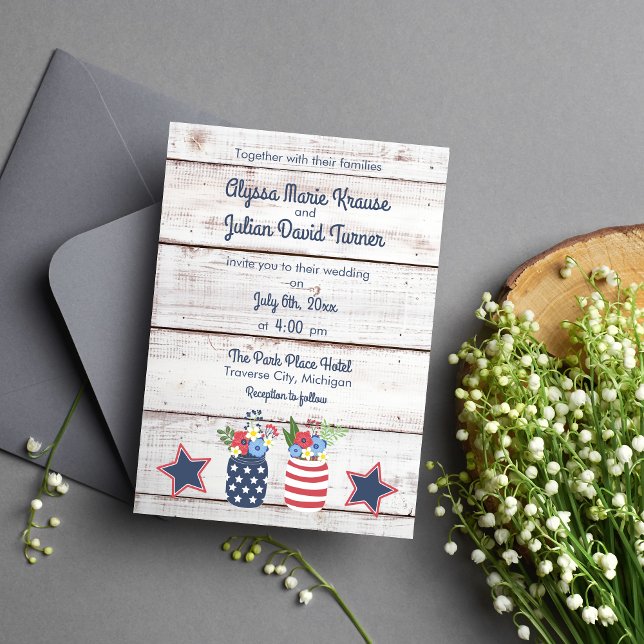 Patriotic Love II Rustic Fourth of July Wedding Invitation (Creator Uploaded)