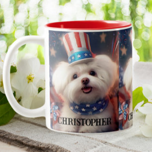 Patriotic Maltese Puppy Dog USA Flag Personalised  Two-Tone Coffee Mug