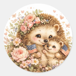 Patriotic Mama & Baby Hedgehog Watercolor Art Classic Round Sticker