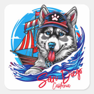 Patriotic Maritime Husky Malamute Dog, San Diego Square Sticker