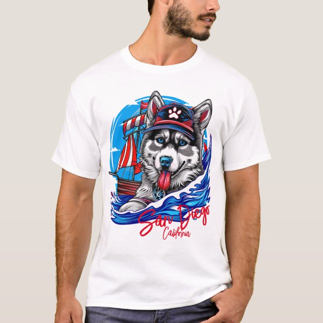 Patriotic Maritime Husky Malamute Dog, San Diego T-Shirt (Front)