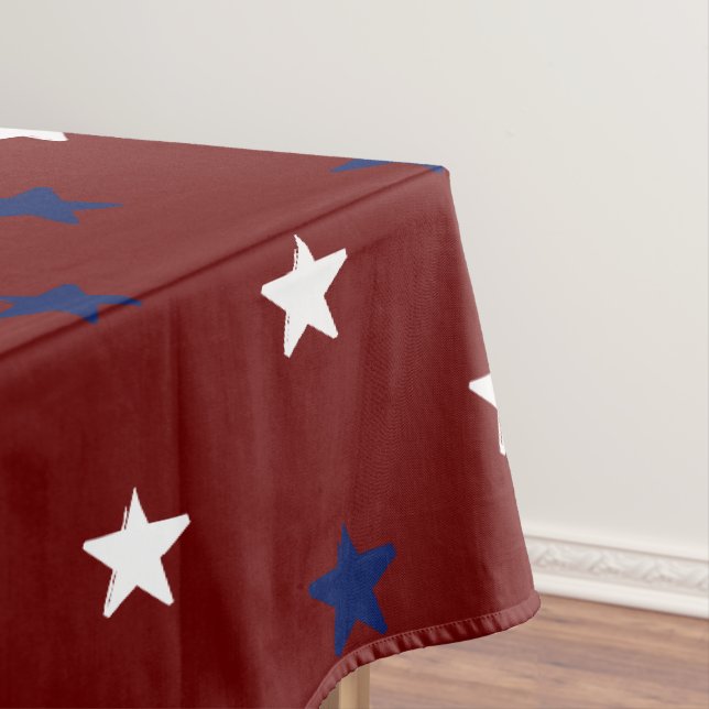 Patriotic maroon white navy blue stars holiday  tablecloth (In Situ)
