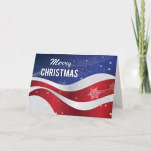 Patriotic Merry Christmas Flag With Snowflakes Holiday Card