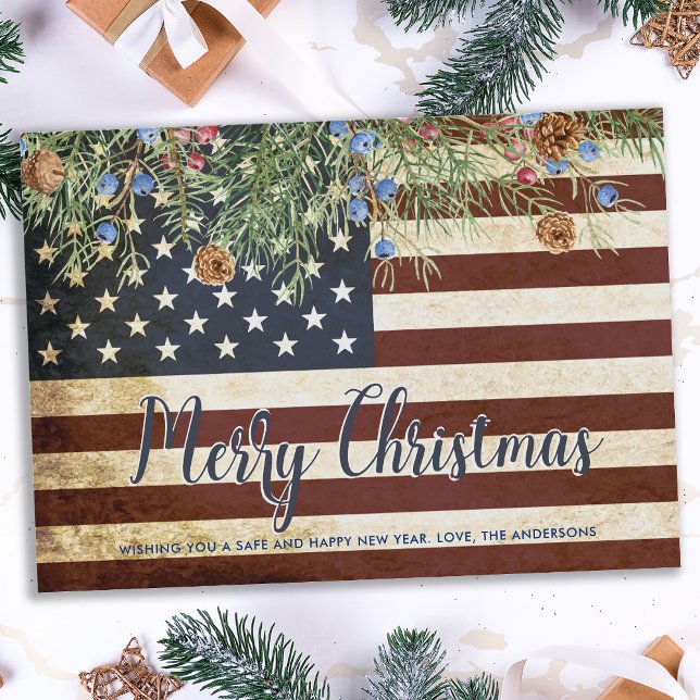 Patriotic Merry Christmas Vintage American Flag Card (Creator Uploaded)