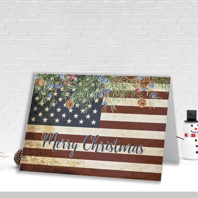 Patriotic Merry Christmas Vintage American Flag  Holiday Card (Creator Uploaded)