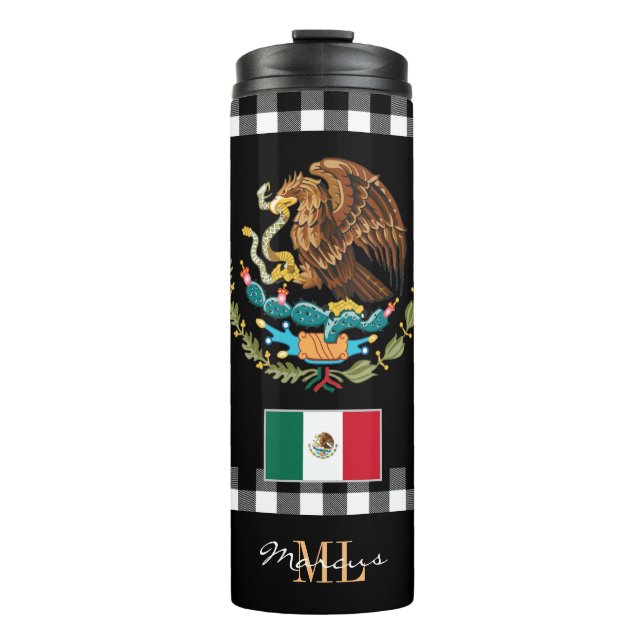 Patriotic Mexico travel Mug, Mexican Flag, Plaid Thermal Tumbler (Front)