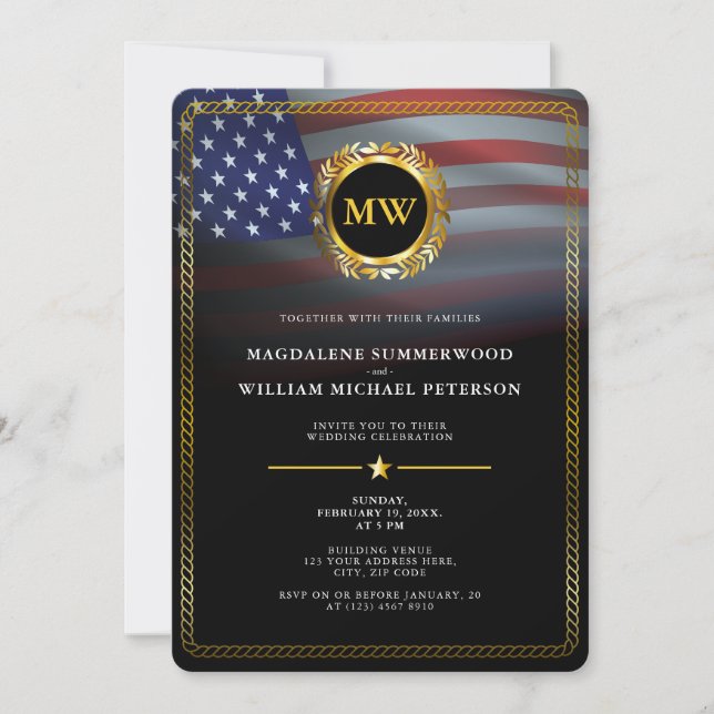 Patriotic Military American Flag & Gold Frame Invitation (Front)