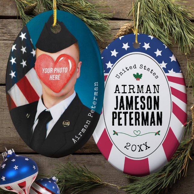 Patriotic Military Gift Photo Rank Name Christmas Ceramic Tree Decoration (Airman, Soldier, Marine, Sailor, Seabee, Guardian, Patriotic USA Flag Military Mom Christmas gift)