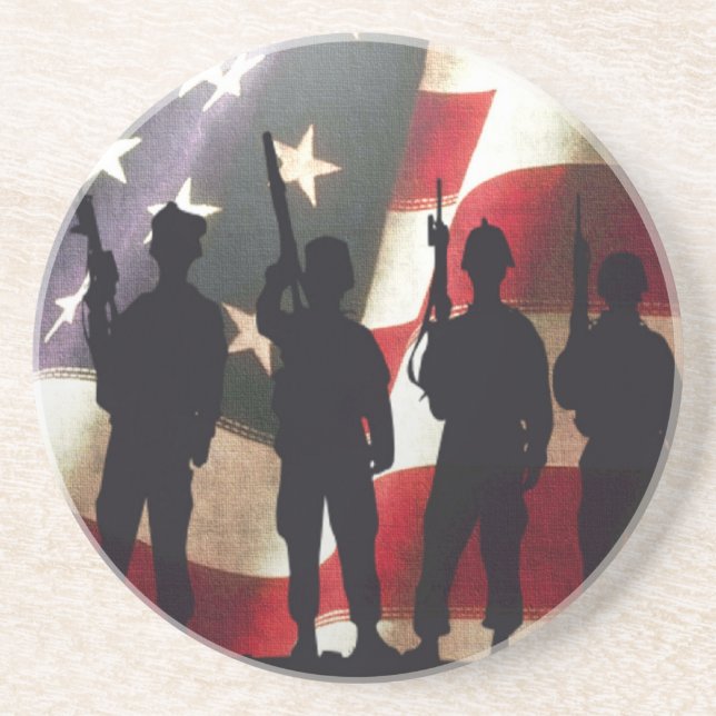 Patriotic Military Soldier Silhouettes on Flag Coaster (Front)