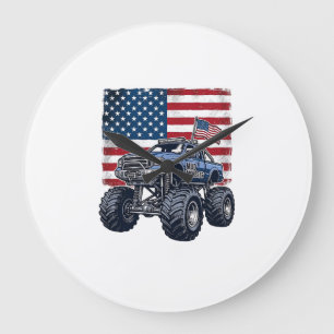 Patriotic Monster Truck Vintage Engraving Design_1 Large Clock