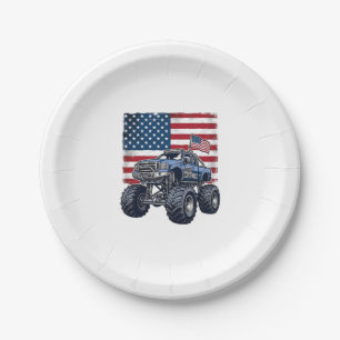 Patriotic Monster Truck Vintage Engraving Design_1 Paper Plate
