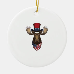 Patriotic Moose Vintage Engraving Vector Design_1 Ceramic Tree Decoration