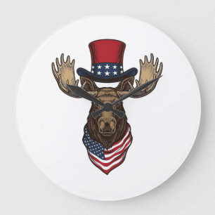 Patriotic Moose Vintage Engraving Vector Design_1 Large Clock