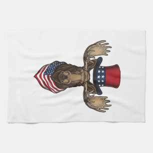 Patriotic Moose Vintage Engraving Vector Design_1 Tea Towel