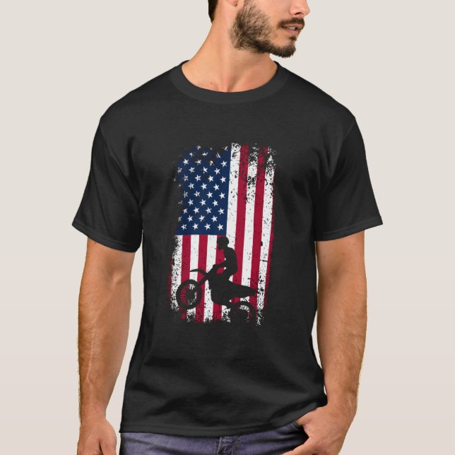 Patriotic Motocrosser Dirt Bike American Flag Moto T-Shirt (Front)