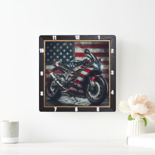 Patriotic Motorcycle American Flag Square Wall Clock