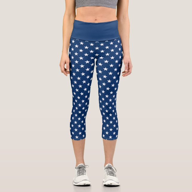 Patriotic navy blue American flag star high waist  Capri Leggings (Front)