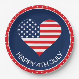 Patriotic Navy Blue, USA Flag Heart 4th July Paper Plate