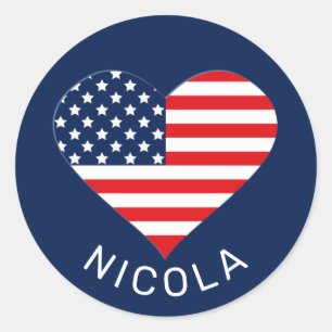 Patriotic Navy Blue, USA Flag Heart Classic Round Sticker