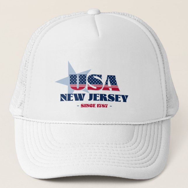 Patriotic New Jersey Typography Trucker Hat (Front)