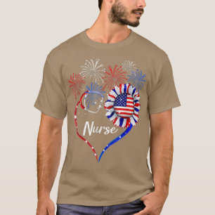 Patriotic Nurse 4th Of July American Flag Sunflowe T-Shirt