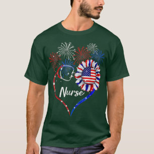 Patriotic Nurse 4th Of July American Flag Sunflowe T-Shirt