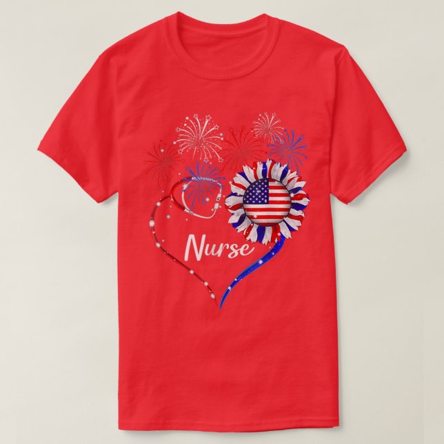 Patriotic Nurse 4th Of July American Flag Sunflowe T-Shirt (Design Front)