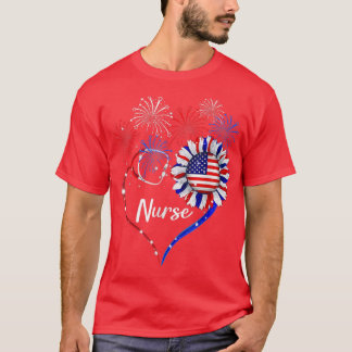 Patriotic Nurse 4th Of July American Flag Sunflowe T-Shirt