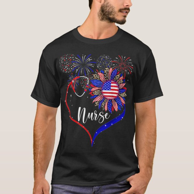 Patriotic Nurse 4th Of July Sunflower Love  T-Shirt (Front)
