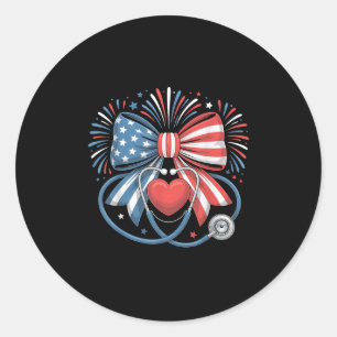 Patriotic Nurse Coquette Bow Usa Flag Stethoscope Classic Round Sticker