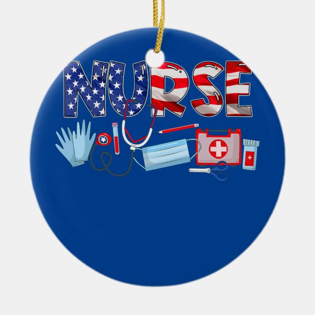 Patriotic Nurse Fourth of July 4th July US Ceramic Tree Decoration (Front)