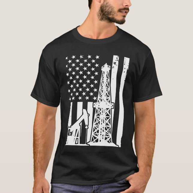 Patriotic Oilfielder Oildrilling American Flag Oil T-Shirt (Front)
