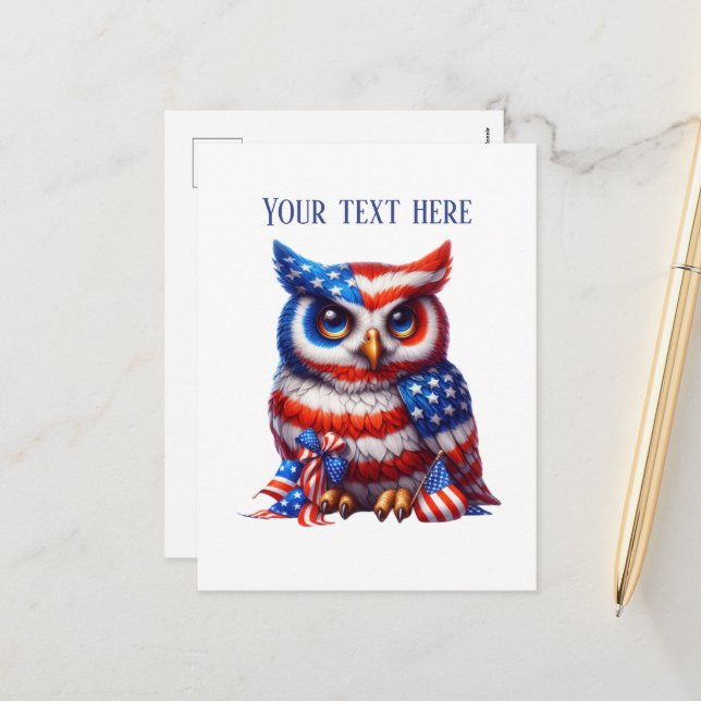 Patriotic owl add text July 4th Holiday Postcard (Front/Back In Situ)