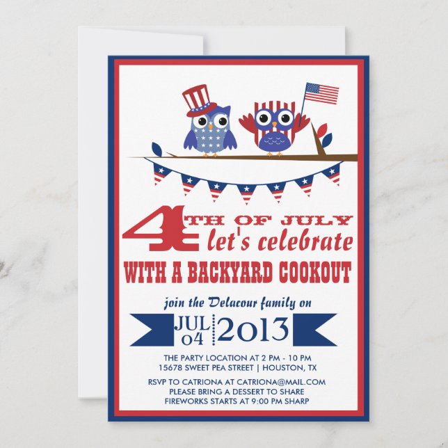 Patriotic Owls Fourth of July Party Invitation (Front)