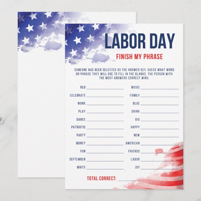 Patriotic Party Game US Labour Day Finish My Phras (Front/Back)