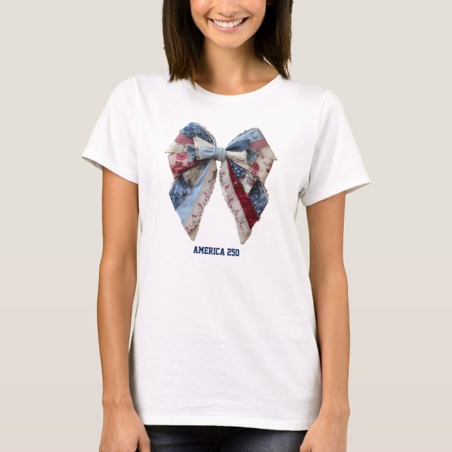 Patriotic Patchwork Bow Grandmillennial Jul 4th T-Shirt (Front)