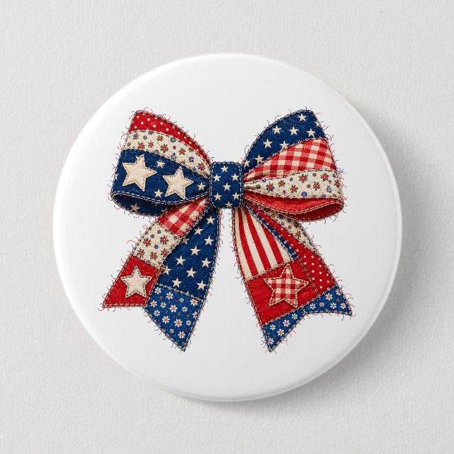 Patriotic Patchwork Bow with Stars, Stripes 7.5 Cm Round Badge (Front)