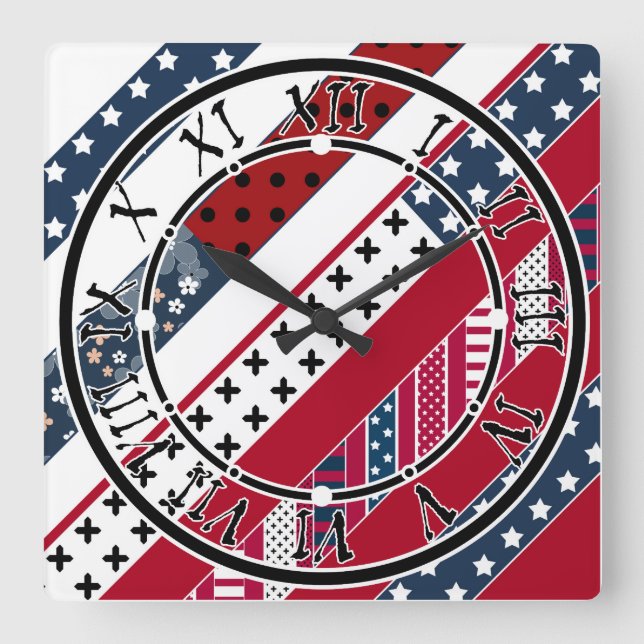 Patriotic, patchwork square wall clock (Front)